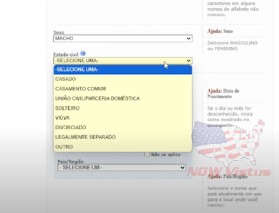 Imagem Páginas DS-160 Atualizadas 2025//DS-160 formulário Visto Americano passo a passo dados pessoais estado civil